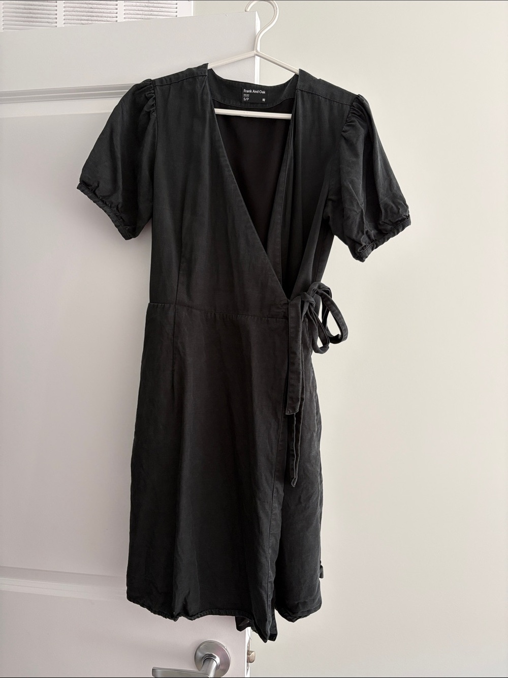 Frank & Oak Black Wrap Dress with Puff Sleeves